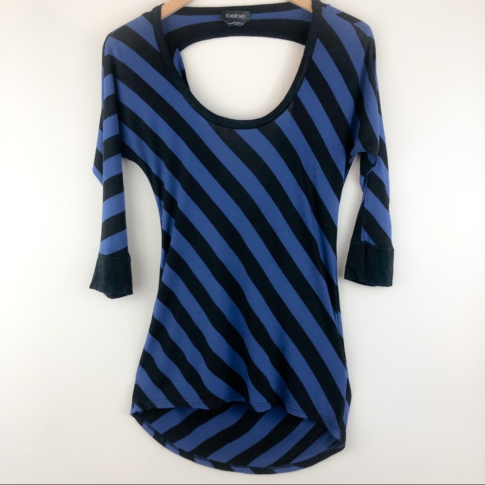 Bebe deep scoop neck open back tunic striped
